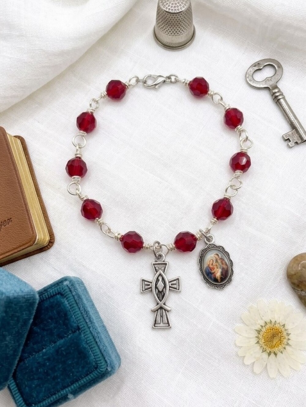 Preciosa Siam Red Crystal Rosary Fisherman Of Men Cross/Saint Charm Bracelet